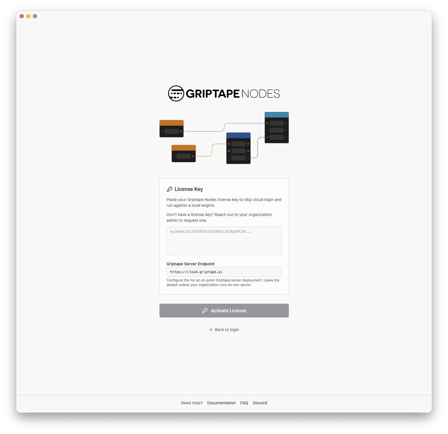 The license activation form with the License Key field and Griptape Server Endpoint field