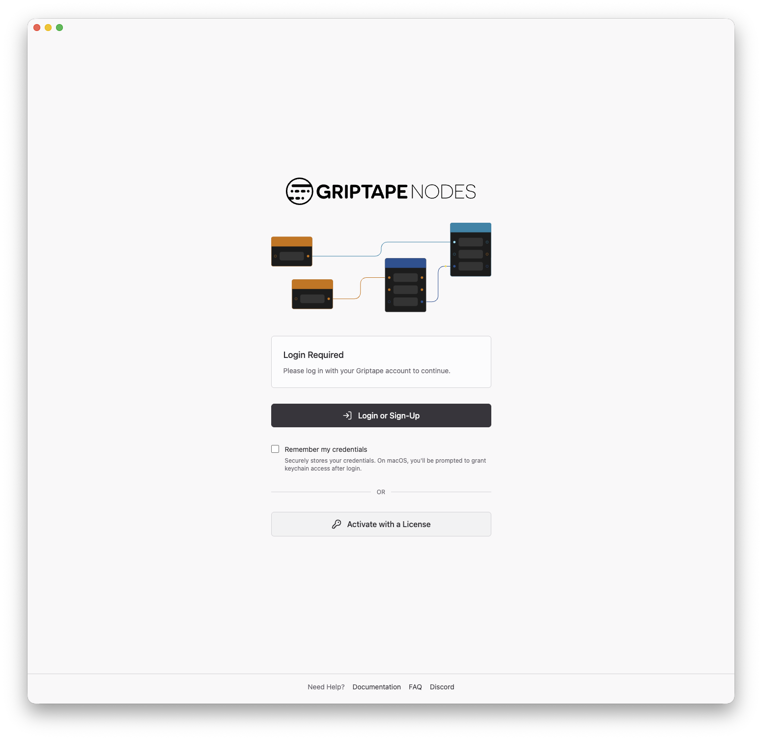 The login screen with the Activate with a License button below the Login or Sign-Up button