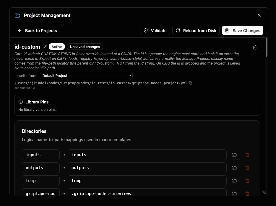 The detail view header showing the name, badges, inherits-from dropdown, and file path