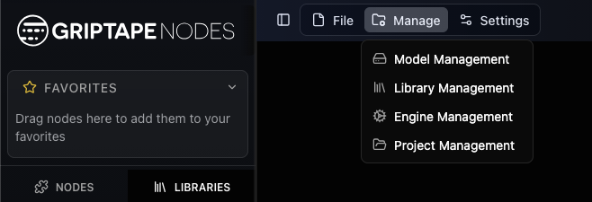 The Manage menu open, showing the Project Management item